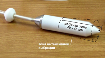 Внутри рабочей части корпуса вибратора расположен вращающийся элемент специальной конструкции.