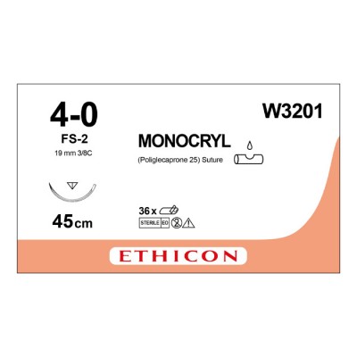 Шовный материал МОНОКРИЛ 4/0, 45 см, неокрашенный Обр.-реж. 19 мм, 3/8 Ethicon, 12 шт в коробке