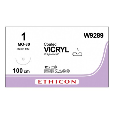 Шовный материал ВИКРИЛ 1. 100 см фиолетовый Кол. масс. 80 мм. 1/2 Ethicon 12 шт в коробке