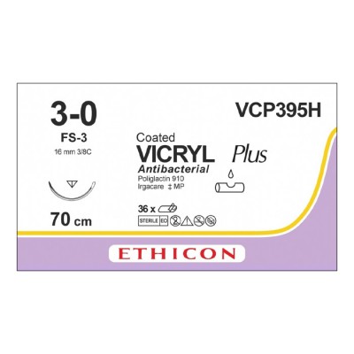 Шовный материал ВИКРИЛ ПЛЮС 3/0 70 см. фиолетовый Обр.-реж. 16 мм. 3/8 Ethicon 36 шт в коробке