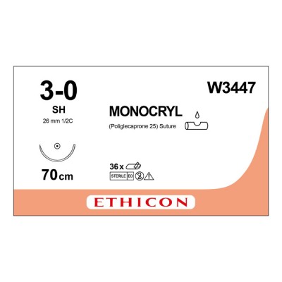 Шовный материал МОНОКРИЛ 3/0, 70 см, фиолетовый Кол. 26 мм, 1/2 Ethicon, 12 шт в коробке