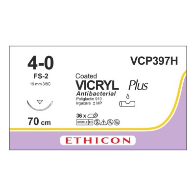 Шовный материал ВИКРИЛ ПЛЮС 4/0 70 см. фиолетовый Обр.-реж. 19 мм. 3/8 Ethicon 36 шт в коробке