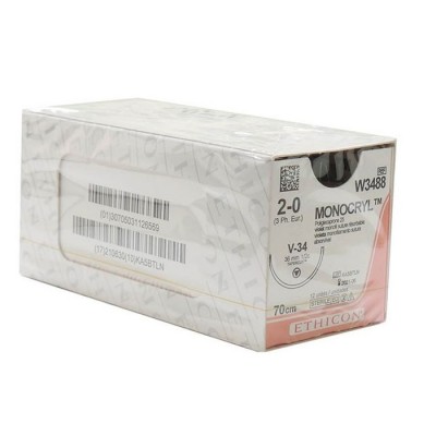 Шовный материал МОНОКРИЛ 2/0, 70 см, фиолетовый Кол.-реж. 36 мм, 1/2 Ethicon, 12 шт в коробке