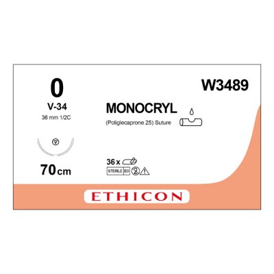 Шовный материал МОНОКРИЛ 0, 70 см, фиолетовый Кол.-реж. 36 мм, 1/2 Ethicon, 12 шт в коробке