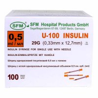Шприц инсулиновый 0,5 мл со шкалой U-100 с интегрированной иглой 0,33х12,7 (29 G) SFM 100 шт/уп