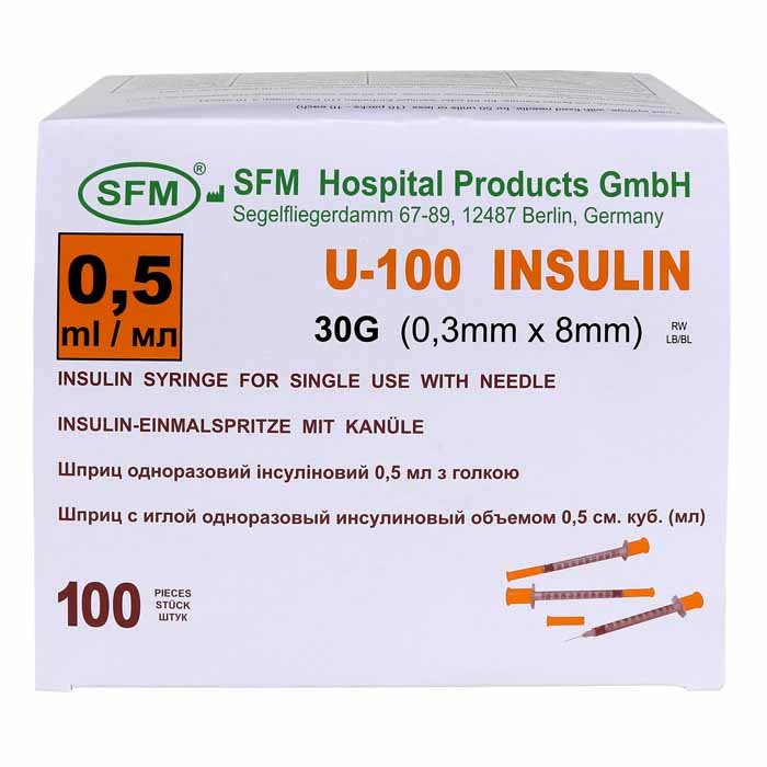 Шприц инсулиновый 0,5 мл со шкалой U-100 с интегрированной иглой 0,30х8 (30G) SFM 100 шт/уп