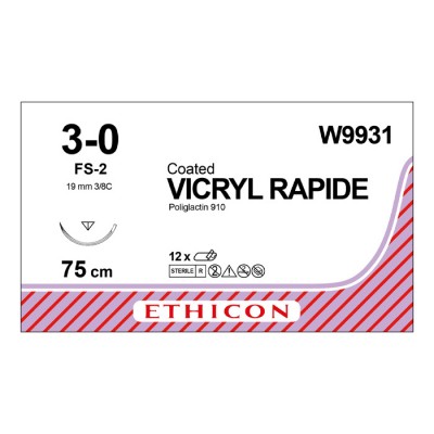 Шовный материал ВИКРИЛ РАПИД 3/0. 75 см.не окрашен Обр.-реж. 19 мм. 3/8 Ethicon 12 шт в коробке