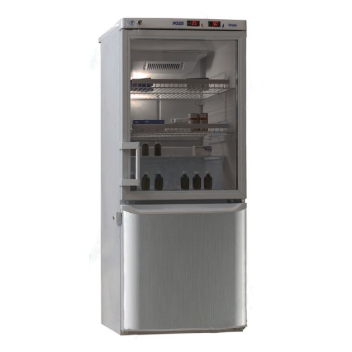 Холодильник комбинированный лабораторный ХЛ-250(ТС) ПОЗиС (170/80 л) с тонированной стеклянной дверью и дверью из металлопласта, серебро